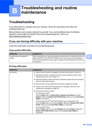 Page 51
43
B
B
TroubleshootingB
If you think there is a problem with your machine, check the chart below and follow the 
troubleshooting tips.
Most problems can be easily resolved by your self. If you need additional help, the Brother 
Solutions Center offers the latest FAQs and troubleshooting tips. Visit us at 
http://solutions.brother.com/
.
If you are having diffic ulty with your machineB
Check the chart below and follow the troubleshooting tips.
Troubleshooting and routine 
maintenance
B
Copy quality...