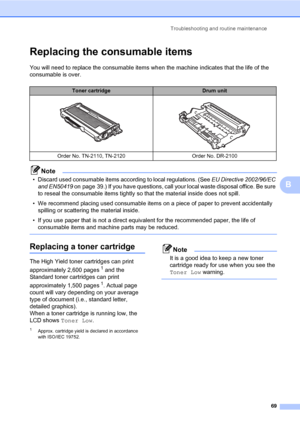 Page 77
Troubleshooting and routine maintenance69
B
Replacing the consumable itemsB
You will need to replace the consumable items wh en the machine indicates that the life of the 
consumable is over.
Note
• Discard used consumable items according to local regulations. (See  EU Directive 2002/96/EC 
and EN50419  on  page  39.) If you have questions, call  your local waste disposal office. Be sure 
to reseal the consumable it ems tightly so that the mate rial inside does not spill.
• We recommend placing used...