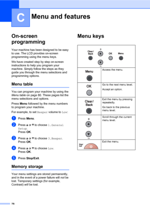 Page 86
78
C
On-screen 
programming
C
Your machine has been designed to be easy 
to use. The LCD provides on-screen 
programming using the menu keys.
We have created step by step on-screen 
instructions to help you program your 
machine. Simply follow the steps as they 
guide you through the menu selections and 
programming options.
Menu tableC
You can program your machine by using the 
Menu table on page 80. These pages list the 
menu selections and options.
Press  Menu followed by the menu numbers 
to program...