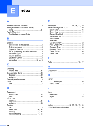 Page 108Index
94
E
A
Accessories and supplies .......................... ii
ADF (automatic document feeder)
using
 .....................................................21
Apple Macintosh
 
See Software Users Guide
B
Brother
accessories and supplies
 ........................ ii
Brother numbers
 ...................................... i
Customer Service
 .................................... i
FAQs (frequently asked questions)
 .......... i
product support
 ........................................ i
service centers...