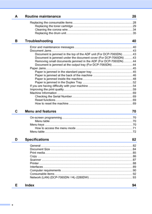 Page 12x
A Routine maintenance 28
Replacing the consumable items ......................................................................... 28
Replacing the toner cartridge ........................................................................ 29
Cleaning the corona wire ............................................................................... 34
Replacing the drum unit................................................................................. 35
B Troubleshooting 40
Error and maintenance messages...
