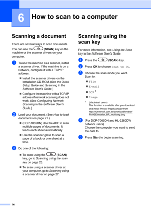 Page 4026
6
Scanning a document6
There are several ways to scan documents. 
You can use the   (SCAN) key on the 
machine or the scanner drivers on your 
computer.
aTo use the machine as a scanner, install 
a scanner driver. If the machine is on a 
Network, configure it with a TCP/IP 
address.
Install the scanner drivers on the 
Installation CD-ROM. (See the Quick 
Setup Guide and Scanning in the 
Software Users Guide.)
Configure the machine with a TCP/IP 
address if network scanning does not 
work. (See...