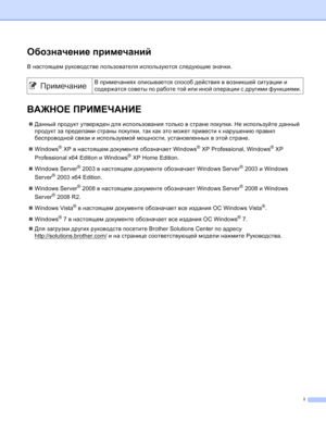 Page 85i
Обозначение примечаний
В настоящем руководстве пользователя используются следующие значки.
ВАЖНОЕ ПРИМЕЧАНИЕ
Данный продукт утвержден для использования только в стране покупки. Не используйте данный 
продукт за пределами страны покупки, так как это может привести к нарушению правил 
беспроводной связи и используемой мощности, установленных в этой стране.
Windows
® XP в настоящем документе обозначает Windows® XP Professional, Windows® XP 
Professional x64 Edition и Windows
® XP Home Edition.
Windows...