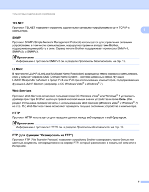 Page 92Типы сетевых подключений и протоколов 
5
1
TELNET1
Протокол TELNET позволяет управлять удаленными сетевыми устройствами в сети TCP/IP с 
компьютера.
SNMP1
Протокол SNMP (Simple Network Management Protocol) используется для управления сетевыми 
устройствами, в том числе компьютерами, маршрутизаторами и аппаратами Brother, 
поддерживающими работу в сети. Сервер печати Brother поддерживает протоколы SNMPv1, 
SNMPv2c и SNMPv3.
Примечание
Информацию о протоколе SNMPv3 см. в разделе Протоколы безопасности на...