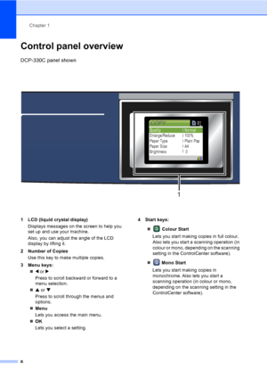 Page 14Chapter 1
6
Control panel overview1
DCP-330C panel shown
 
1 LCD (liquid crystal display)
Displays messages on the screen to help you 
set up and use your machine.
Also, you can adjust the angle of the LCD 
display by lifting it. 
2 Number of Copies
Use this key to make multiple copies.
3 Menu keys:
„d or c
Press to scroll backward or forward to a 
menu selection.
„a or b
Press to scroll through the menus and 
options.
„Menu
Lets you access the main menu.
„OK
Lets you select a setting.4 Start keys:
„...