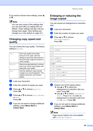 Page 37Making copies
29
4
If you want to choose more settings, press a 
or b.
Note
You can save some of the settings that 
you use most often by setting them as 
default. These settings will stay until you 
change them again. (See Setting your 
changes as a new defaulton page 33.)
 
Changing copy speed and  
quality4
You can choose the copy quality. The factory 
setting is Normal.
aLoad your document.
bEnter the number of copies you want.
cPress a or b to choose Quality.
Press OK.
dPress a or b to choose Fast,...