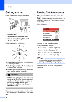 Page 46Chapter 5
38
Getting started5
Firmly put the card into the correct slot. 
1 CompactFlash®
2 SecureDigital™, MultiMediaCard™
3 Memory Stick
®, Memory Stick Pro™
4 xD-Picture Card™
PhotoCapture key indications:
 
„PhotoCapture light is on, the media card 
is properly inserted.
„PhotoCapture light is off, the media card 
is not properly inserted.
„PhotoCapture light is blinking, the media 
card is being read or written to.
CAUTION 
DO NOT unplug the power cord or remove 
the media card from the media drive...