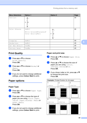 Page 51Printing photos from a memory card
43
5
Print Quality5
aPress a or b to choose 
Print Quality.
Press OK.
bPress a or b to choose Normal or 
Photo.
Press OK.
cIf you do not want to change additional 
settings, press Colour Start to print. 
Paper options5
Paper Type5
aPress a or b to choose Paper Type.
Press OK.
bPress a or b to choose the type of 
paper you are using, Plain Paper, 
Inkjet Paper, Brother Photo or 
Other Photo. 
Press OK.
cIf you do not want to change additional 
settings, press Colour...