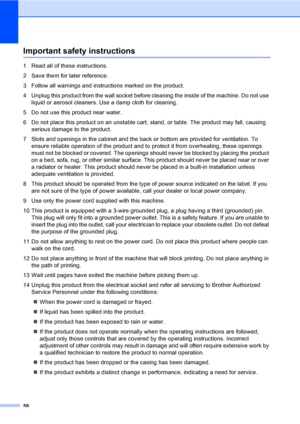 Page 6658
Important safety instructionsA
1 Read all of these instructions.
2 Save them for later reference.
3 Follow all warnings and instructions marked on the product.
4 Unplug this product from the wall socket before cleaning the inside of the machine. Do not use 
liquid or aerosol cleaners. Use a damp cloth for cleaning.
5 Do not use this product near water.
6 Do not place this product on an unstable cart, stand, or table. The product may fall, causing 
serious damage to the product.
7 Slots and openings in...