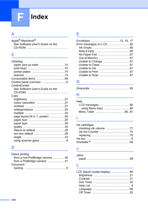 Page 110
Index
102
F
A
Apple® Macintosh®
See Software Users Guide on the 
CD-ROM.
 ..................................................
C
Cleaningpaper pick-up roller
 ...............................74
print head
 ..............................................75
printer platen
 .........................................74
scanner
 .................................................73
Consumable items
 ...................................99
Control panel overview
 ..............................6
ControlCenter See...