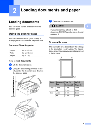 Page 17
9
2
2
Loading documents2
You can make copies, and scan from the 
scanner glass.
Using the scanner glass2
You can use the scanner glass to copy or 
scan pages of a book or one page at a time.
Document Sizes Supported2
How to load documents2
aLift the document cover.
bUsing the document guidelines on the 
left, center the document face down on 
the scanner glass.
 
 
cClose the document cover.
CAUTION 
If you are scanning a book or thick 
document, DO NOT slam the cover down or 
press on it.
 
Scannable...