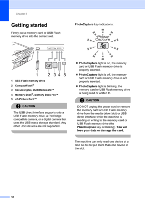 Page 40
Chapter 5
32
Getting started5
Firmly put a memory card or USB Flash 
memory drive into the correct slot.
 
1 USB Flash memory drive
2 CompactFlash
®
3 SecureDigital, MultiMediaCard™
4 Memory Stick
®, Memory Stick Pro™
5 xD-Picture Card™
CAUTION 
The USB direct interface supports only a 
USB Flash memory drive, a PictBridge 
compatible camera, or a digital camera that 
uses the USB mass storage standard. Any 
other USB devices are not supported.
 
PhotoCapture  key indications:
 
„PhotoCapture  light is...