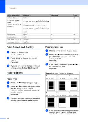 Page 50
Chapter 5
42
Print Speed and Quality5
aPress  a or  b to choose 
Print Quality .
bPress  d or  c to choose  Normal or 
Photo .
Press  OK.
cIf you do not want to change additional 
settings, press  Colour Start to print. 
Paper options5
Paper Type5
aPress a or  b to choose  Paper Type .
bPress  d or  c to choose the type of paper 
you are using,  Plain Paper , 
Inkjet Paper , Brother Photo  or 
Other Photo . 
Press  OK.
cIf you do not want to change additional 
settings, press  Colour Start to print....