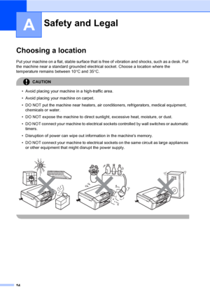 Page 62
54
A
Choosing a locationA
Put your machine on a flat, stable surface that is free of vibration and shocks, such as a desk. Put 
the machine near a standard grounded electric al socket. Choose a location where the 
temperature remains between 10 °C and 35 °C.
CAUTION 
• Avoid placing your machine in a high-traffic area.
• Avoid placing your machine on carpet.
• DO NOT put the machine near heaters, air conditioners, refrigerators, medical equipment, 
chemicals or water. 
• DO NOT expose the machine to...