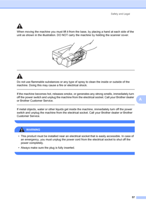 Page 65
Safety and Legal57
A
When moving the machine you must lift it from the base, by placing a hand at each side of the 
unit as shown in the illustration. DO NOT carry the machine by holding the scanner cover.
 
 
 
Do not use flammable substances or any type of spray to clean the inside or outside of the 
machine. Doing this may cause a fire or electrical shock.
  
If the machine becomes hot, releases smoke, or generates any strong smells, immediately turn 
off the power switch and unplug the machine from...