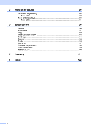 Page 8
vi
C Menu and Features 80
On-screen programming ...................................................................................... 80Menu table ..................................................................................................... 80
Mode and menu keys .......................................................................................... 80 Menu table ..................................................................................................... 81
D Specifications 90...