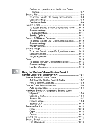 Page 17xv
Perform an operation from the Control Center 
screen..................................................................... 9-7
Scan to File....................................................................... 9-8
To access Scan to File Configurations screen............. 9-8
Scanner settings ......................................................... 9-8
Destination folder........................................................ 9-9
Scan to E-mail...