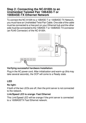 Page 26815 - 9   OPTIONAL ACCESSORIES
Step 2: Connecting the NC-9100h to an 
Unshielded Twisted Pair 10BASE-T or 
100BASE-TX Ethernet Network
To connect the NC-9100h to a 10BASE-T or 100BASE-TX Network, 
you must have an Unshielded Twist Pair Cable. One side of the cable 
must be connected to a free port on your Ethernet hub and the other 
side must be connected to the 10BASE-T or 100BASE-TX connector 
(an RJ45 Connector) of the NC-9100h.
Verifying successful hardware Installation:
Plug in the AC power cord....