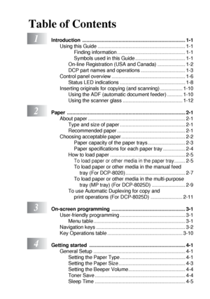 Page 13xi
Table of Contents
1Introduction .......................................................................... 1-1
Using this Guide ............................................................... 1-1
Finding information ................................................. 1-1
Symbols used in this Guide .................................... 1-1
On-line Registration (USA and Canada) .................... 1-2
DCP part names and operations ................................ 1-3
Control panel overview...