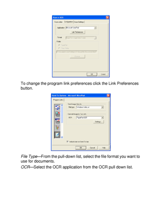 Page 177USING THE WINDOWS®-BASED BROTHER SMARTUI CONTROL CENTER (FOR WINDOWS® XP) 10 - 22
To change the program link preferences click the Link Preferences 
button.
File Type
—From the pull-down list, select the file format you want to 
use for documents. 
OCR
—Select the OCR application from the OCR pull down list.
 