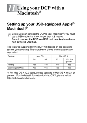 Page 18811 - 1   USING YOUR DCP WITH A MACINTOSH®
11
mb 
Setting up your USB-equipped Apple® 
Macintosh
® 
The features supported by the DCP will depend on the operating 
system you are using. The chart below shows which features are 
supported.
*1 For Mac OS X 10.2 users, please upgrade to Mac OS X 10.2.1 or 
greater. (For the latest information for Mac OS X, please visit at: 
http://solutions.brother.com)
Using your DCP with a 
Macintosh
®
Before you can connect the DCP to your Macintosh®, you must 
buy a USB...