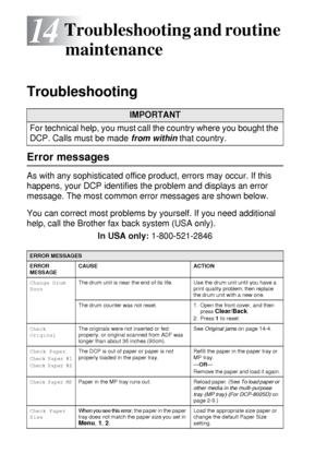 Page 22614 - 1   TROUBLESHOOTING AND ROUTINE MAINTENANCE
14
 
Troubleshooting 
Error messages
As with any sophisticated office product, errors may occur. If this 
happens, your DCP identifies the problem and displays an error 
message. The most common error messages are shown below.
You can correct most problems by yourself. If you need additional 
help, call the Brother fax back system (USA only).
In USA only: 1-800-521-2846
Troubleshooting and routine 
maintenance
IMPORTANT
For technical help, you must call...