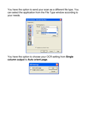 Page 16610 - 11   USING THE WINDOWS®-BASED BROTHER SMARTUI CONTROL CENTER (FOR WINDOWS® XP)
You have the option to send your scan as a different file type. You 
can select the application from the File Type window according to 
your needs.
You have the option to choose your OCR setting from Single 
column output to Auto orient page.
 