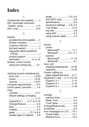 Page 280I - 1   INDEX
Index
A
Accessories and supplies ....... ii
ADF (automatic document 
feeder), using .................. 1-10
ADF cover  ........................ 14-4
B
Brother
accessories and supplies  .... ii
Brother numbers  ................... i
Customer Service  ................. i
fax back system  ................... ii
frequently asked questions 
(FAQs) ................................ i
product support ..................... i
warranties  ................. iii, iv, vii
Brother Control Center
using and...