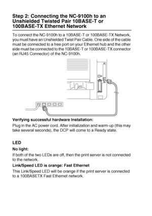 Page 26815 - 9   OPTIONAL ACCESSORIES
Step 2: Connecting the NC-9100h to an 
Unshielded Twisted Pair 10BASE-T or 
100BASE-TX Ethernet Network
To connect the NC-9100h to a 10BASE-T or 100BASE-TX Network, 
you must have an Unshielded Twist Pair Cable. One side of the cable 
must be connected to a free port on your Ethernet hub and the other 
side must be connected to the 10BASE-T or 100BASE-TX connector 
(an RJ45 Connector) of the NC-9100h.
Verifying successful hardware Installation:
Plug in the AC power cord....