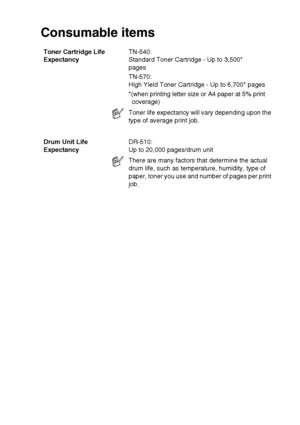 Page 277SPECIFICATIONS   S - 6
Consumable items
Toner Cartridge Life 
ExpectancyTN-540:
Standard Toner Cartridge - Up to 3,500*
pages
TN-570:
High Yield Toner Cartridge - Up to 6,700* pages
*(when printing letter size or A4 paper at 5% print 
coverage)
Toner life expectancy will vary depending upon the 
type of average print job.
Drum Unit Life 
ExpectancyDR-510:
Up to 20,000 pages/drum unit
There are many factors that determine the actual 
drum life, such as temperature, humidity, type of 
paper, toner you use...