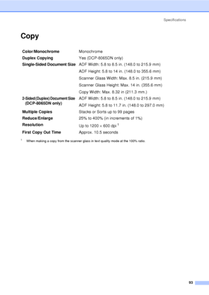 Page 105Specifications93
Copy
1When making a copy from the scanner glass in text quality mode at the 100% ratio. 
Color/Monochrome Monochrome
Duplex Copying Yes (DCP-8065DN only)
Single-Sided Document SizeADF Width: 5.8 to 8.5 in. (148.0 to 215.9 mm)
ADF Height: 5.8 to 14 in. (148.0 to 355.6 mm)
Scanner Glass Width: Max. 8.5 in. (215.9 mm)
Scanner Glass Height: Max. 14 in. (355.6 mm)
Copy Width: Max. 8.32 in (211.3 mm.)
2-Sided (Duplex) Document Size 
(DCP-8065DN only)  ADF Width: 5.8 to 8.5 in. (148.0 to 215.9...