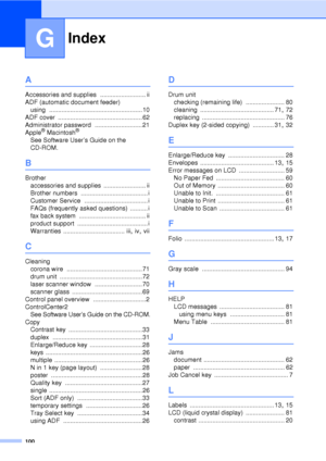 Page 112100
G
A
Accessories and supplies .......................... ii
ADF (automatic document feeder) using
 .....................................................10
ADF cover
 ................................................62
Administrator password
 ...........................21
Apple® Macintosh®
See Software User’s Guide on the 
CD-ROM.
B
Brother accessories and supplies
 ........................ ii
Brother numbers
 ...................................... i
Customer Service...