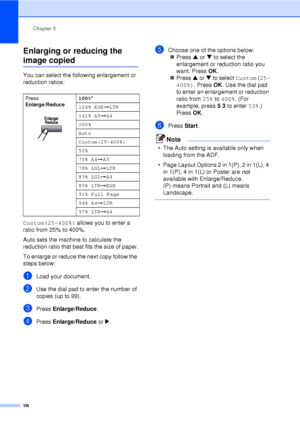 Page 40Chapter 5
28
Enlarging or reducing the 
image copied5
You can select the following enlargement or 
reduction ratios:
Custom(25–400%)  allows you to enter a 
ratio from 25% to 400%.
Auto sets the machine to calculate the 
reduction ratio that best fits the size of paper.
To enlarge or reduce the next copy follow the 
steps below:
aLoad your document.
bUse the dial pad to enter the number of 
copies (up to 99).
cPress  Enlarge/Reduce .
dPress Enlarge/Reduce  or c.
eChoose one of the options below:
„ Press...