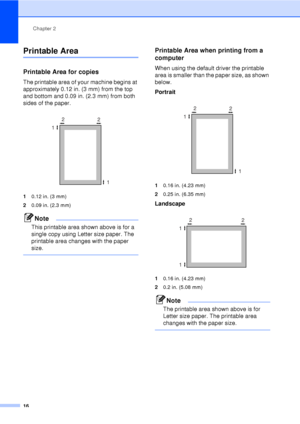 Page 28Chapter 2
16
Printable Area2
Printable Area for copies2
The printable area of your machine begins at 
approximately 0.12 in. (3 mm) from the top 
and bottom and 0.09 in. (2.3 mm) from both 
sides of the paper.
 
1 0.12 in. (3 mm)
2 0.09 in. (2.3 mm)
Note
This printable area shown above is for a 
single copy using Letter size paper. The 
printable area changes with the paper 
size.
 
Printable Area when printing from a 
computer
2
When using the default driver the printable 
area is smaller than the paper...