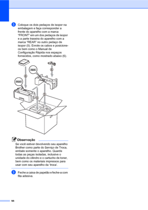 Page 10698
hColoque os dois pedaços de isopor na 
embalagem e faça corresponder a 
frente do aparelho com a marca 
“FRONT” em um dos pedaços de isopor 
e a parte traseira do aparelho com a 
marca “REAR” no outro pedaço de 
isopor (5). Enrole os cabos e posicione-
os bem como o Manual de 
Configuração Rápida nos espaços 
fornecidos, como mostrado abaixo (6).
 
Observação
Se você estiver devolvendo seu aparelho 
Brother como parte do Serviço de Troca, 
embale somente o aparelho. Guarde 
todas as peças isoladas,...