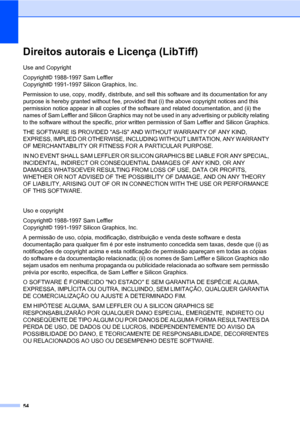 Page 6254
Direitos autorais e Licença (LibTiff)A
Use and Copyright
Copyright© 1988-1997 Sam Leffler 
Copyright© 1991-1997 Silicon Graphics, Inc.
Permission to use, copy, modify, distribute, and sell this software and its documentation for any 
purpose is hereby granted without fee, provided that (i) the above copyright notices and this 
permission notice appear in all copies of the software and related documentation, and (ii) the 
names of Sam Leffler and Silicon Graphics may not be used in any advertising or...