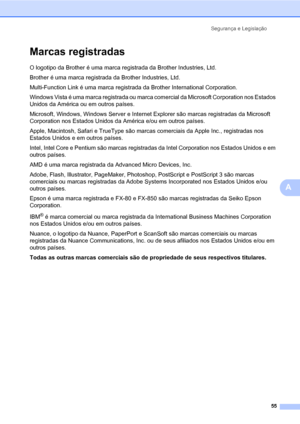 Page 63Segurança e Legislação
55
A
Marcas registradasA
O logotipo da Brother é uma marca registrada da Brother Industries, Ltd.
Brother é uma marca registrada da Brother Industries, Ltd.
Multi-Function Link é uma marca registrada da Brother International Corporation.
Windows Vista é uma marca registrada ou marca comercial da Microsoft Corporation nos Estados 
Unidos da América ou em outros países.
Microsoft, Windows, Windows Server e Internet Explorer são marcas registradas da Microsoft 
Corporation nos Estados...