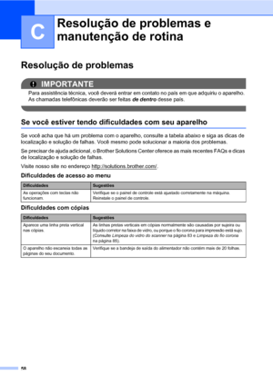 Page 6658
C
Resolução de problemasC
IMPORTANTE
Para assistência técnica, você deverá entrar em contato no país em que adquiriu o aparelho. 
As chamadas telefônicas deverão ser feitas de dentro desse país.
 
Se você estiver tendo dificuldades com seu aparelhoC
Se você acha que há um problema com o aparelho, consulte a tabela abaixo e siga as dicas de 
localização e solução de falhas. Você mesmo pode solucionar a maioria dos problemas.
Se precisar de ajuda adicional, o Brother Solutions Center oferece as mais...