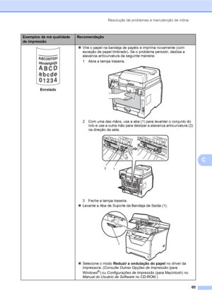 Page 73Resolução de problemas e manutenção de rotina
65
C
 
Enrolado„Vire o papel na bandeja de papéis e imprima novamente (com 
exceção de papel timbrado). Se o problema persistir, deslize a 
alavanca anticurvatura da seguinte maneira:
1 Abra a tampa traseira.
 
2 Com uma das mãos, use a aba (1) para levantar o conjunto do 
rolo e use a outra mão para deslizar a alavanca anticurvatura (2) 
na direção da seta.
 
3 Feche a tampa traseira.
„Levante a Aba de Suporte da Bandeja de Saída (1).
 
„Selecione o modo...