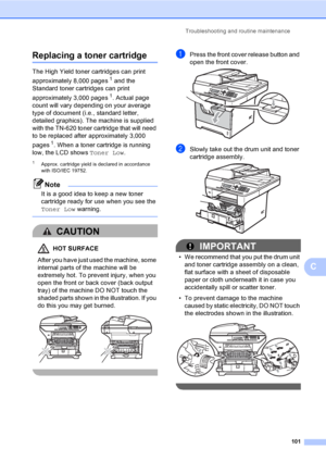 Page 114Troubleshooting and routine maintenance
101
C
Replacing a toner cartridgeC
The High Yield toner cartridges can print 
approximately 8,000 pages
1 and the 
Standard toner cartridges can print 
approximately 3,000 pages
1. Actual page 
count will vary depending on your average 
type of document (i.e., standard letter, 
detailed graphics). The machine is supplied 
with the TN-620 toner cartridge that will need 
to be replaced after approximately 3,000 
pages
1. When a toner cartridge is running 
low, the...