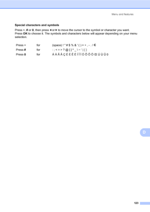 Page 136Menu and features
123
D
Special characters and symbols
Press l, # or 0, then press d or c to move the cursor to the symbol or character you want. 
PressOK to choose it. The symbols and characters below will appear depending on your menu 
selection.
Press lfor (space) !  # $ % &  ( ) l + , - . / m
Press #for : ; < = > ? @ [ ] ^ _  ~ ‘ | { } 
Press 0for Á À Ã Â Ç É È Ê Ë Í Î Ï Ó Õ Ô Ö Œ Ú Ù Û 0
 