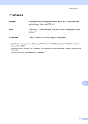 Page 144Specifications
131
E
InterfacesE
1Parallel cable is not supported for Window Vista®, Windows Server® 2003, Windows Server®2003 x64 Edition and 
Windows Server® 2008.
2Your machine has a Hi-Speed USB 2.0 interface. The machine can also be connected to a computer that has a USB 
1.1 interface.
3Third party USB ports are not supported for Macintosh®.
ParallelA bi-directional shielded parallel cable that is IEEE 1284 compliant 
and no longer than 6 feet (2.0 m).
1 
USBUse a USB 2.0 interface cable (type A/B)...