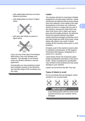 Page 32Loading paper and documents
19
2
• with sealing flaps that have not been 
folded at purchase
• with sealing flaps as shown in figure 
below
 
• with each side folded as shown in 
figure below
 
If you use any of the types of envelopes 
listed above, they may damage your 
machine. This damage is not covered 
under any Brother warranty or service 
agreement.
Occasionally you may experience paper 
feed problems caused by the thickness, 
size and flap shape of the envelopes you 
are using.
 
Labels2
The...
