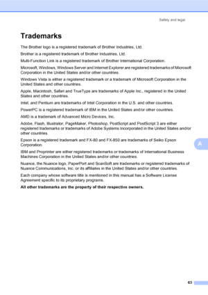 Page 76Safety and legal
63
A
TrademarksA
The Brother logo is a registered trademark of Brother Industries, Ltd.
Brother is a registered trademark of Brother Industries, Ltd.
Multi-Function Link is a registered trademark of Brother International Corporation.
Microsoft, Windows, Windows Server and Internet Explorer are registered trademarks of Microsoft 
Corporation in the United States and/or other countries.
Windows Vista is either a registered trademark or a trademark of Microsoft Corporation in the 
United...