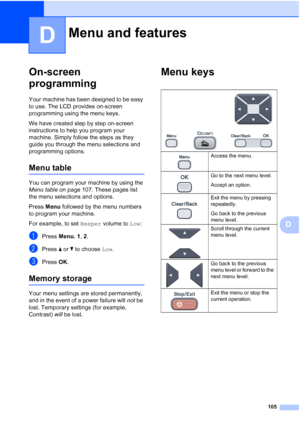 Page 113
105
D
D
On-screen 
programming
D
Your machine has been designed to be easy 
to use. The LCD provides on-screen 
programming using the menu keys.
We have created step by step on-screen 
instructions to help you program your 
machine. Simply follow the steps as they 
guide you through the menu selections and 
programming options.
Menu tableD
You can program your machine by using the 
Menu table on page 107. These pages list 
the menu selections and options.
Press  Menu followed by the menu numbers 
to...