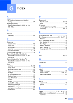 Page 133
Index
125
G
G
A
ADF (automatic document feeder)using
 ..................................................... 21
Apple Macintosh See Software User’s Guide on the 
CD-ROM.
B
Belt unitreplacing
 ............................................... 89
C
Cleaningcorona wires
 ......................................... 69
drum unit
 ............................................... 70
LED head
 .............................................. 68
scanner
 ................................................. 67
Consumable...