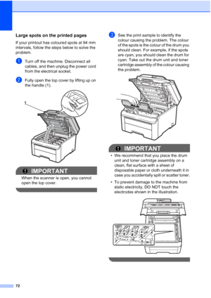 Page 80
72
Large spots on the printed pagesC
If your printout has coloured spots at 94 mm 
intervals, follow the steps below to solve the 
problem.
aTurn off the machine. Disconnect all 
cables, and then unplug the power cord 
from the electrical socket.
bFully open the top cover by lifting up on 
the handle (1).
 
IMPORTANT
When the scanner is open, you cannot 
open the top cover.
 
cSee the print sample to identify the 
colour causing the problem. The colour 
of the spots is the colour of the drum you 
should...