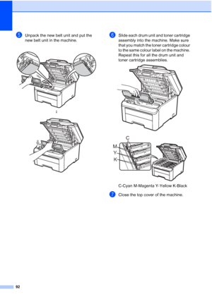 Page 100
92
eUnpack the new belt unit and put the 
new belt unit in the machine.fSlide each drum unit and toner cartridge 
assembly into the machine. Make sure 
that you match the toner cartridge colour 
to the same colour label on the machine. 
Repeat this for all the drum unit and 
toner cartridge assemblies.
 
 
C-Cyan M-Magenta Y-Yellow K-Black
gClose the top cover of the machine.
 
h
 
K
Y
M C
 