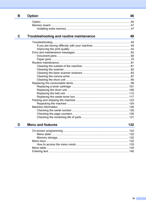 Page 11ix
BOption 46
Option .................................................................................................................. 46
Memory board...................................................................................................... 47
Installing extra memory ................................................................................. 47
C Troubleshooting and routine maintenance 49
Troubleshooting...