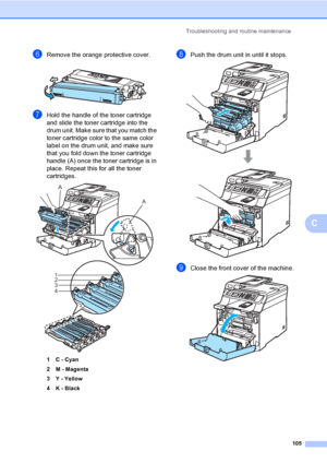 Page 117Troubleshooting and routine maintenance
105
C
fRemove the orange protective cover.
 
gHold the handle of the toner cartridge 
and slide the toner cartridge into the 
drum unit. Make sure that you match the 
toner cartridge color to the same color 
label on the drum unit, and make sure 
that you fold down the toner cartridge 
handle (A) once the toner cartridge is in 
place. Repeat this for all the toner 
cartridges.
 
1 C - Cyan
2 M - Magenta
3 Y - Yellow
4K - Black
hPush the drum unit in until it stops....